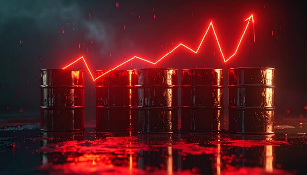 3D rendering of an oil barrel with a sharply decreasing red line graph.
