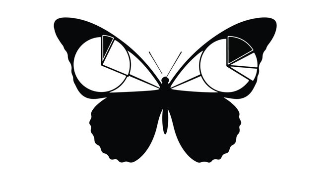 Butterfly silhouette with pie charts on wings shows data analysis concepts clearly.