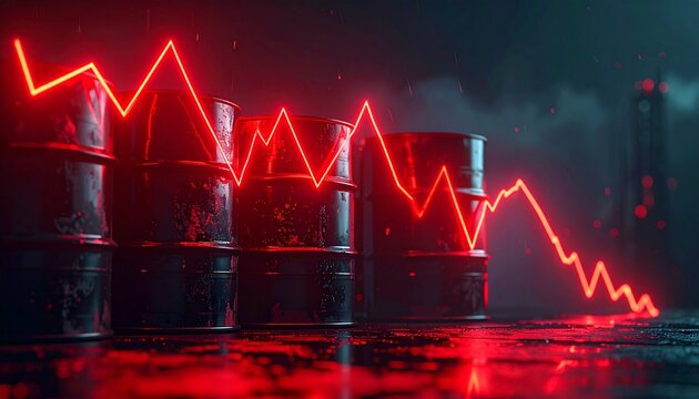 3D rendering of an oil barrel with a sharply decreasing red line graph.