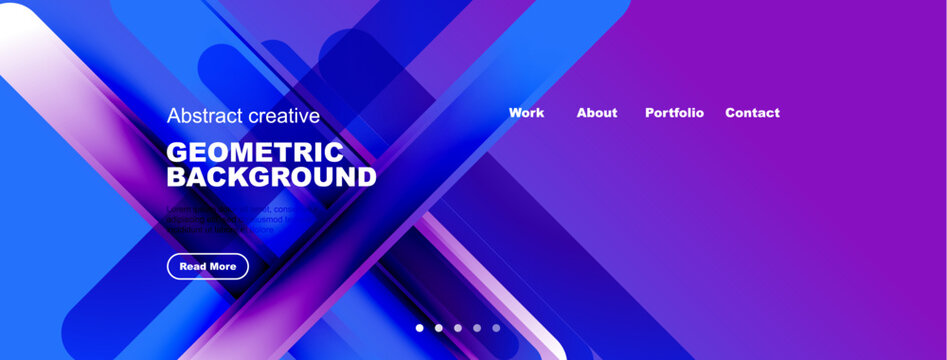 Abstract geometric background. Blue, purple gradients dominate design. Text promotes work, portfolio, contact options.