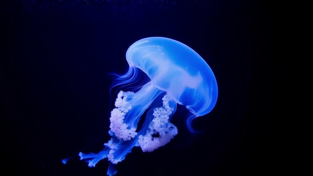IMAX Macro of Electric Blue Bioluminescent Jellyfish Pulsing in Pitch Black Water 4K