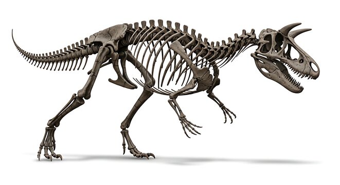 Detailed view of a complete dinosaur skeleton, likely a ceratosaur, standing on a white background, showcasing its ancient anatomy and prehistoric form.