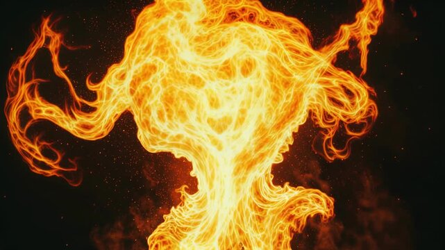 Fiery Flames Dancing in Slow Motion Against Dark Background with Glowing Orange and Yellow Hues Cinematic Intense Energy