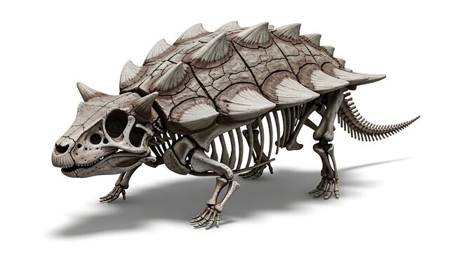 Detailed skeletal reconstruction of an armored dinosaur, showcasing its robust bone structure and protective dermal plates.