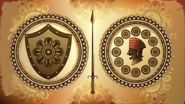 Maharana pratap symbolism illustration with shield spear and turbaned head in ornate circular frames on beige background