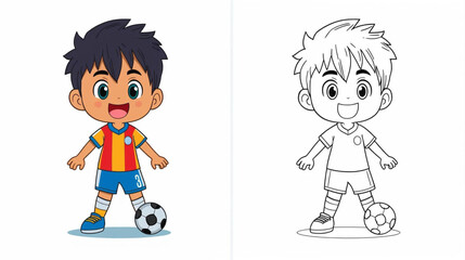 Coloring book-style illustration of a soccer kid