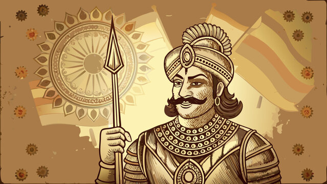 Brave rajput king in traditional armor holding spear and shield with intricate designs and patterns on his clothing and background