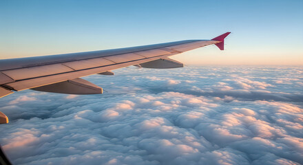 Obraz premium Passenger airplane wing with extended flaps in flight illustration