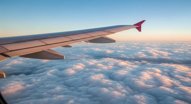 Passenger airplane wing with extended flaps in flight illustration