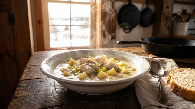Canadian Food Nova Scotia Fish Chowder with Atlantic Haddock, Cream, Potatoes