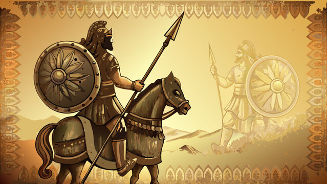 Rajput warrior on horseback with spear and shield in desert landscape historical illustration
