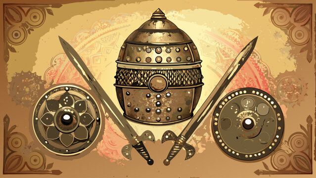 Traditional rajput armor set with helmet swords and shields in vintage style symbolizing bravery and warrior culture