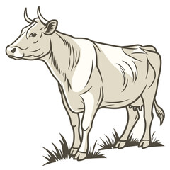 Fototapeta premium Hand-drawn cartoon cow standing in green meadow, cheerful farm animal illustration for children's books