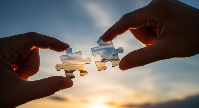 Two hands holding puzzle pieces with a sunset sky reflected in them symbolizing connection and unity