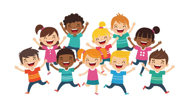 Diverse happy children jumping and cheering, illustration for childhood and fun