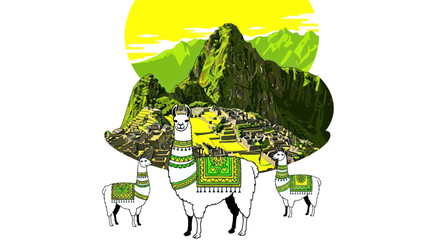 Fototapeta premium Machu Picchu Llamas Andean Landscape Travel Illustration