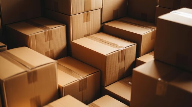 Numerous brown cardboard shipping boxes stacked neatly in a warehouse, ready for delivery or long-term storage and distribution.