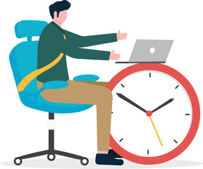 Fototapeta premium Businessman working on laptop with a giant wall clock