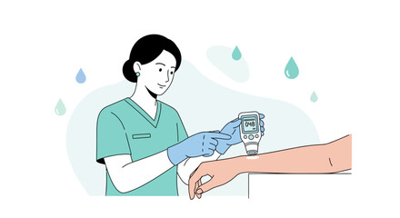 Obraz premium Nurse checking blood sugar level on patient's arm with glucose meter, healthcare concept