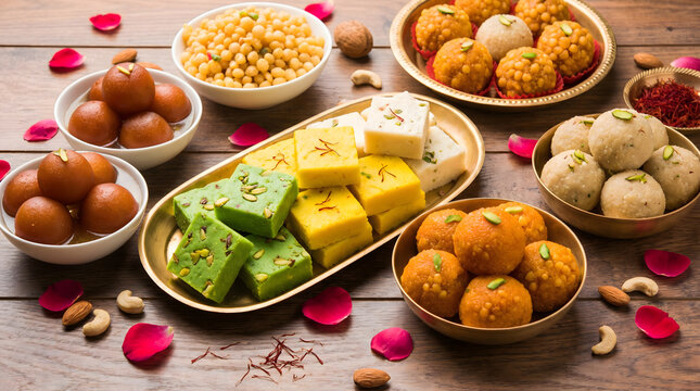 Indian dessert and snack platter, Gulab jamun barfi ladoo and cookies, Festive sweets assortment, Traditional celebration food flat lay