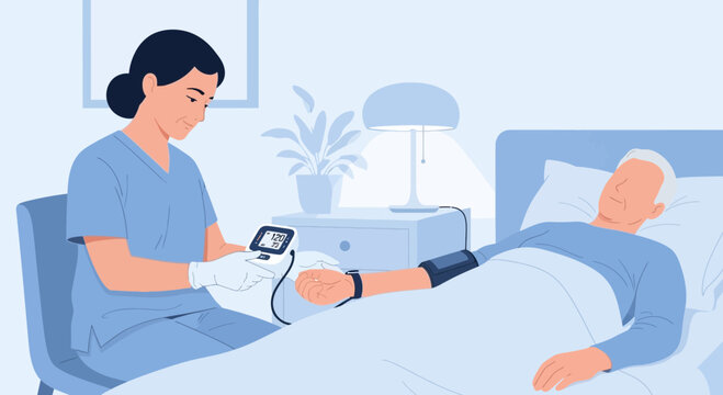 Nurse checking elderly man's blood pressure in hospital room, healthcare concept
