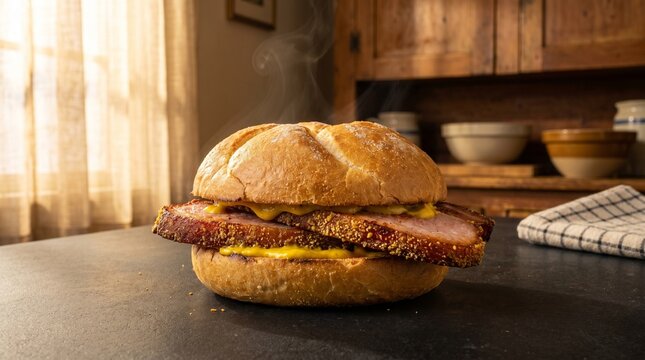 Canadian Food Canadian Back Bacon Peameal Bacon Sandwich on Kaiser Roll with