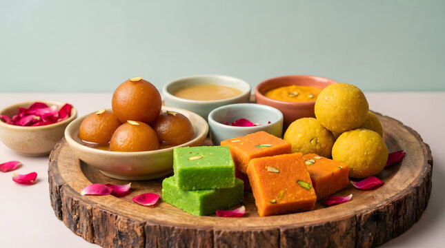 Indian sweets on rustic wood tray, Gulab jamun ladoo and barfi assortment, Festive dessert platter, Traditional mithai food photography