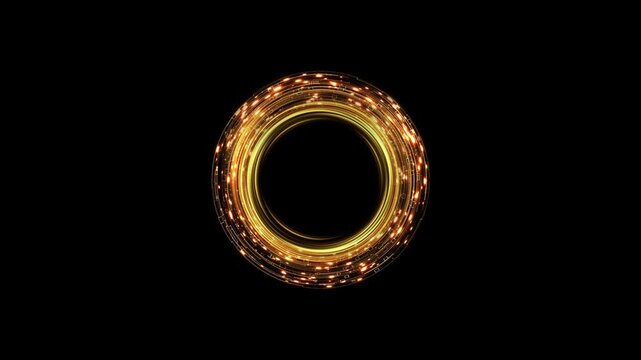 Abstract round glowing lights and gold sparkles background. Gold glitter frame, gold circle, golden splatter, wedding ornament Glow Wave Golden light wave, glowing particles, light line