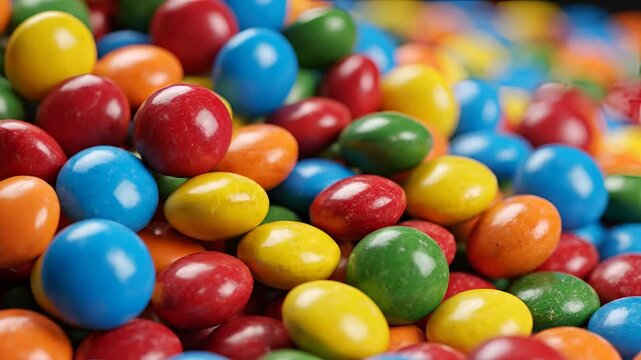 Closeup of colorful candycoated chocolate candies in a pile.