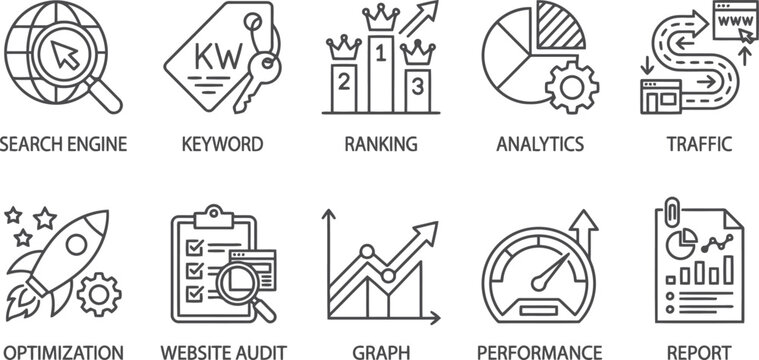 SEO optimization icons set with search engine, keyword, ranking and analytics symbols