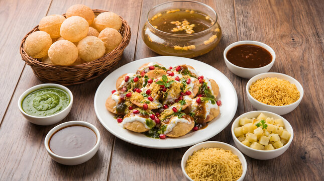 Dahi puri chaat plate, Indian street food with pani puri basket, Chutney sauces and toppings, Traditional snack photography, Copy space