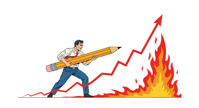 Determined businessman uses a giant pencil as a spear to fight against a rising red arrow and fire representing a struggle with inflation.
