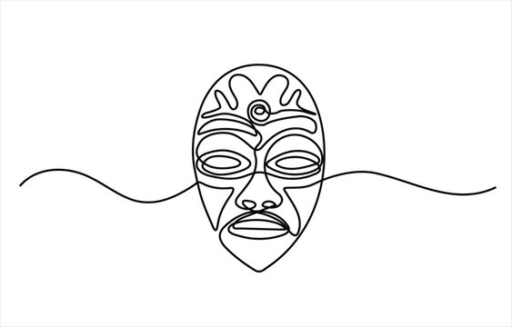 Stylized face mask minimalist continuous line art drawing representing identity culture tradition expression creativity lifestyle abstract emotion and elegant design