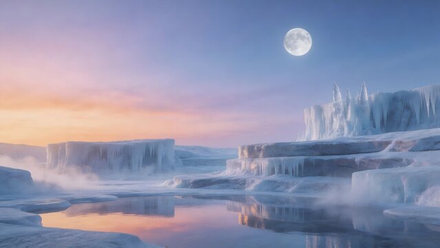 Frozen icy landscape with moonlit sky
