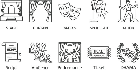 Obraz premium Theater and drama icons set, black and white line art