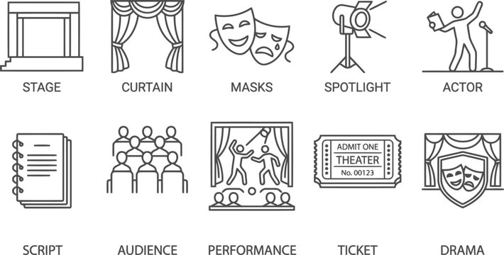 Theater and performance icons set, black and white line art