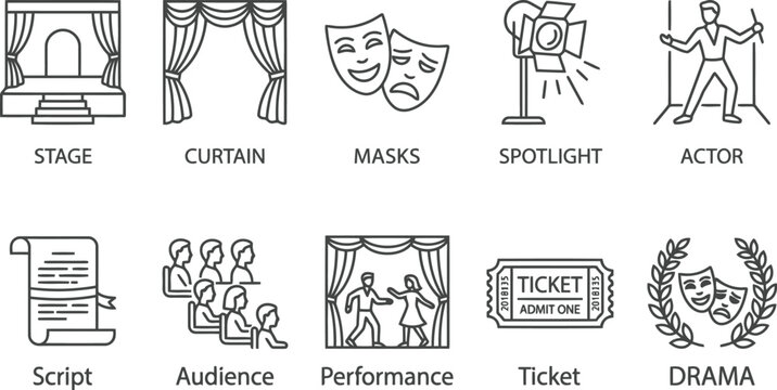 Theater and drama icons set, black and white line art