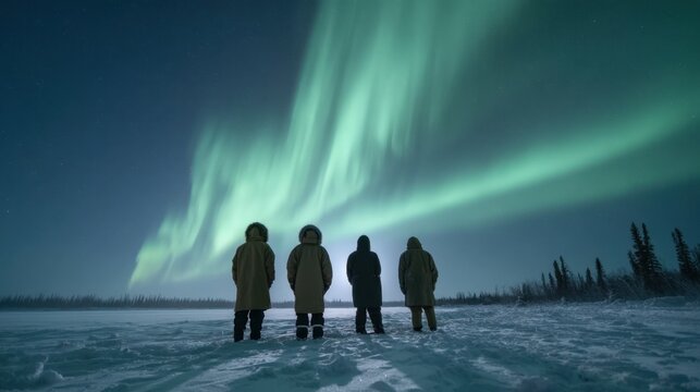 Majestic Nighttime Aurora Borealis Over Frozen Landscape with Four Silhouetted Figures in Warm Clothing Against the Glittering Sky