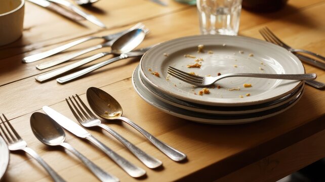 Stack of dirty plates with scattered crumbs and used silverware rests on a wooden table after a meal.