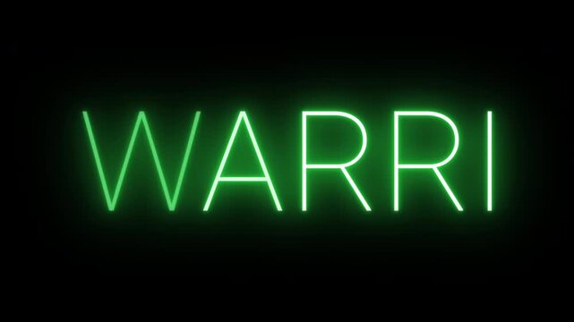 Flickering neon green glowing warri sign animated on black background