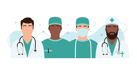 Fototapeta premium Group of diverse medical professionals including doctors and surgeons in scrubs and lab coats with stethoscopes.