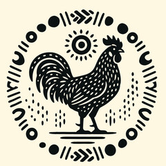 Black and white rooster standing proudly. © black