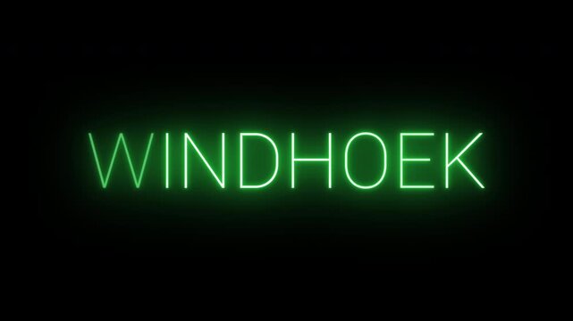 Flickering neon green glowing windhoek sign animated on black background