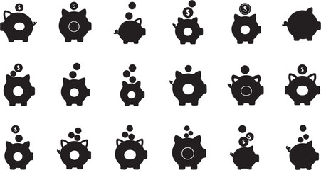 Collection of piggy bank icons with coins falling into them symbolizing savings and financial growth. © ulvaamelia
