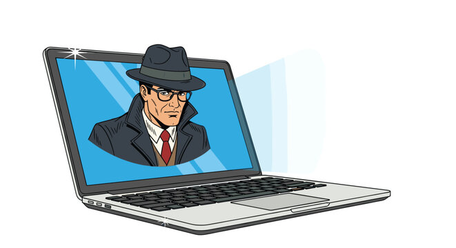 Detective or secret agent character wearing a hat and glasses appears on a laptop screen representing cyber security and online privacy.