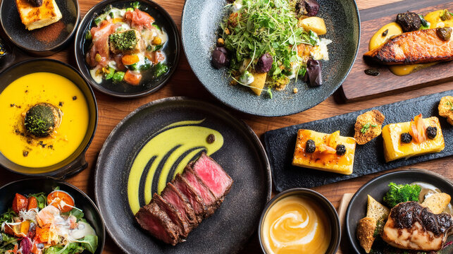Top view of a diverse variety of gourmet restaurant dishes arranged on a wooden table