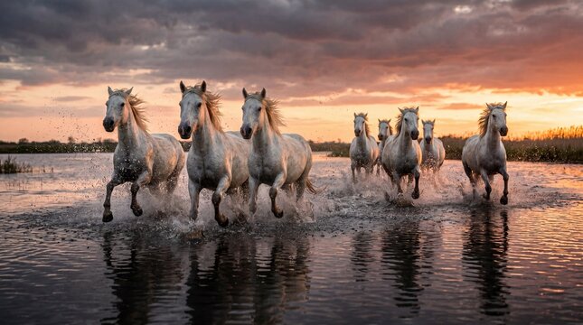 Eight majestic white horses galloping in water at sunset, wild Camargue herd charge
