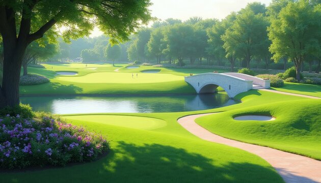 Golf course with manicured green grass, calm pond, stone bridge. Rich trees border fairway, with flowers blooming. Path winds through scenic landscape. Peaceful nature scene for relaxation, sport.