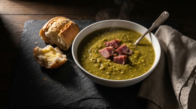 Canadian Food Split Pea Soup with Ham Hock, Crusty Bread Roll, Canadian Winte