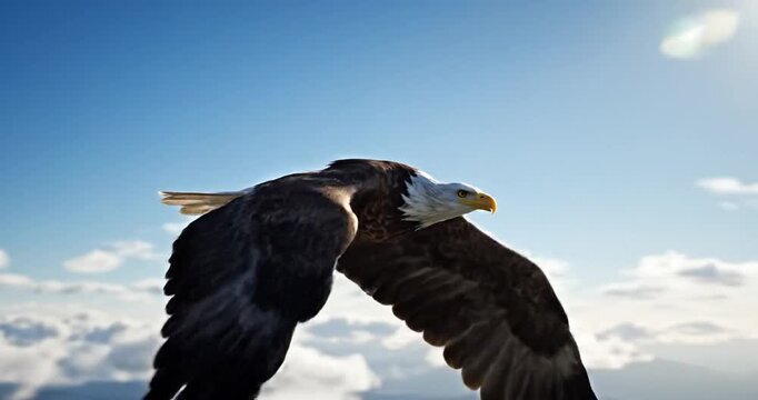 Majestic eagle soaring through a clear blue sky with fluffy clouds in the background